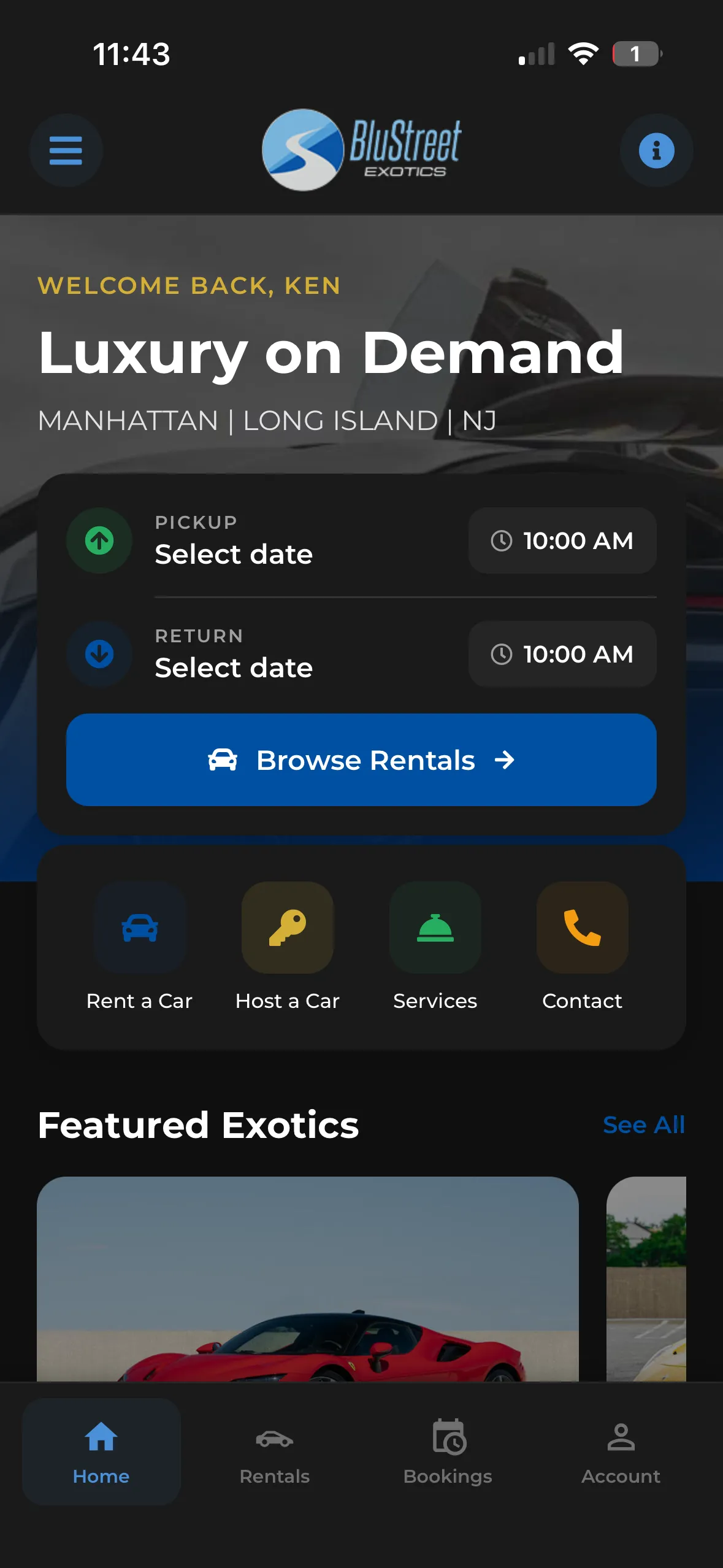 BluStreet Exotics App - Dark Mode