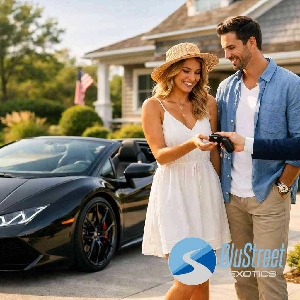 How its smooth bodywork and balanced proportions read in sunset, dockside, and rooftop shots — BluStreet Exotic Car Rent