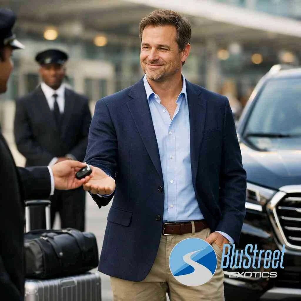 How white glove rental service works when the vehicle meets you at the airport — BluStreet Exotic Car Rentals